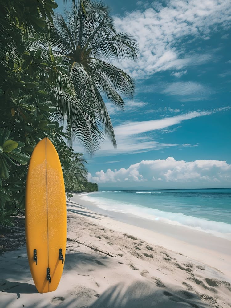 Yellow Surfboard On The Beach