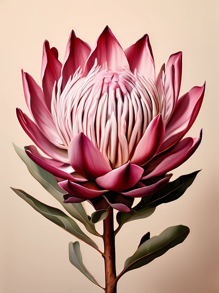 A Digital Painting Of A Large Protea Flower Centered In The Composition Against A Solid Beige Backg