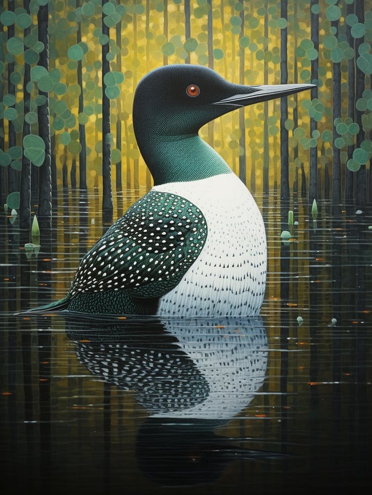 Peinture d'oiseau inspirée par Ohara Koson Plongeon huard 4