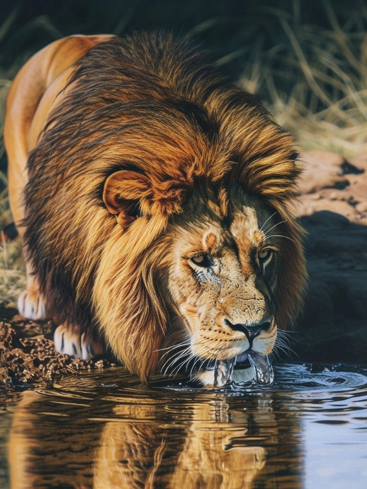 Barbary Lion Drinking From A Water Acrylic Painting 1