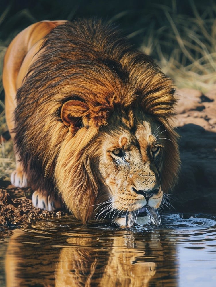 Barbary Lion Drinking From A Water Acrylic Painting 1