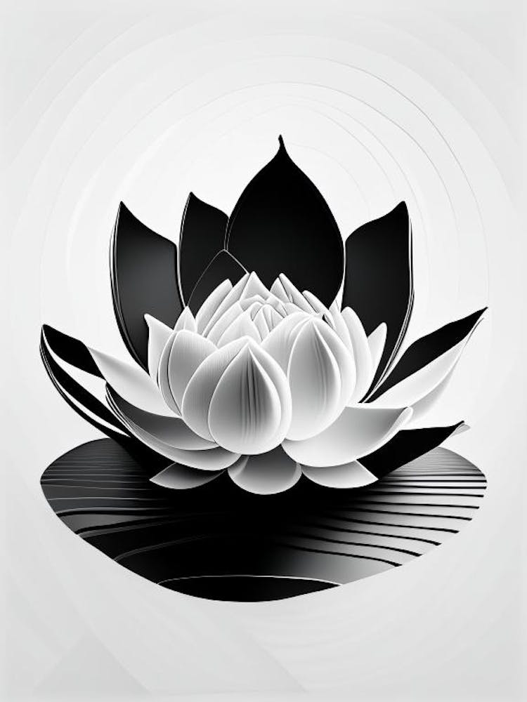 Blooming Lotus Flower In Pond Black And White Geometric 3