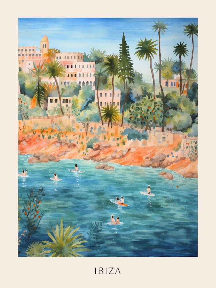 Swimming In Ibiza Spain Watercolour Poster