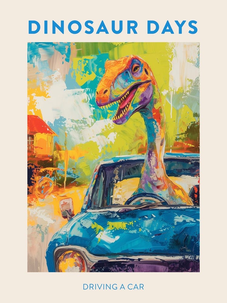 Orange-Blauer Dinosaurier fährt Auto - Plakat