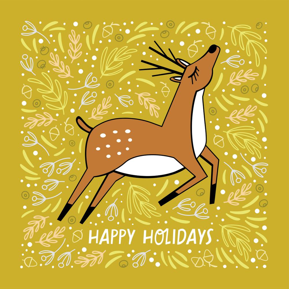 Christmas Deer Yellow Square Illustrated
