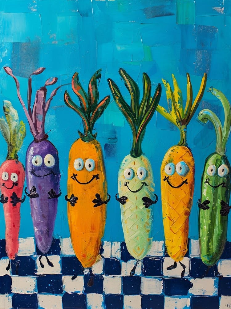 Vegetable Friends Blue Checkered Tile