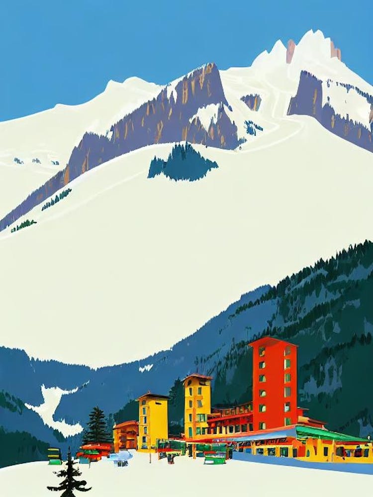Selva Val Gardena, Italy Midcentury Vintage Skiing Poster