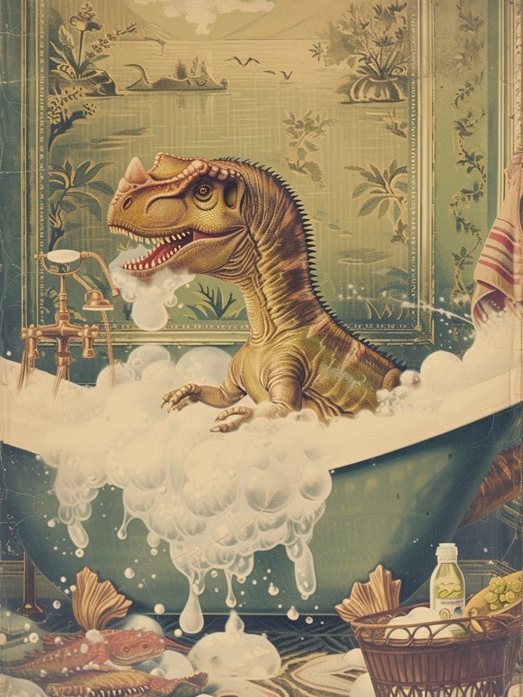 Dinosaur In The Bubble Bath Retro Collage 2