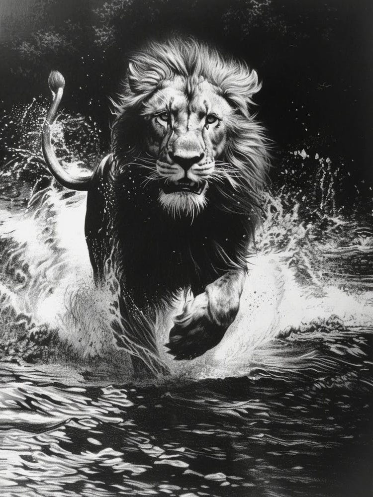 African Lion Charcoal Drawing Crossing A River 1