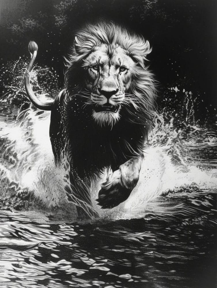African Lion Charcoal Drawing Crossing A River 1