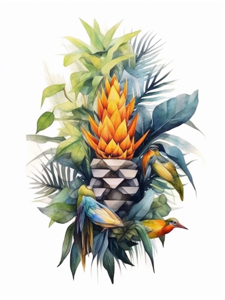 Beehive With Bird Of Paradise Flower Watercolour Illustration 1