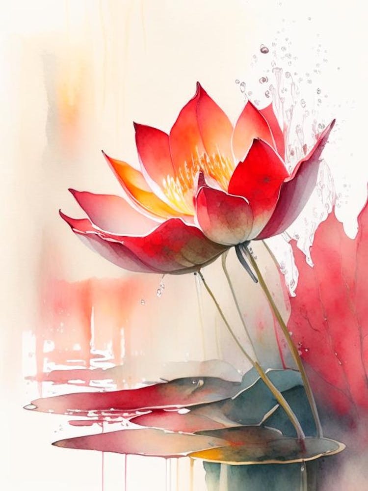Lotus rouge – Aquarelle de conte de fées 1