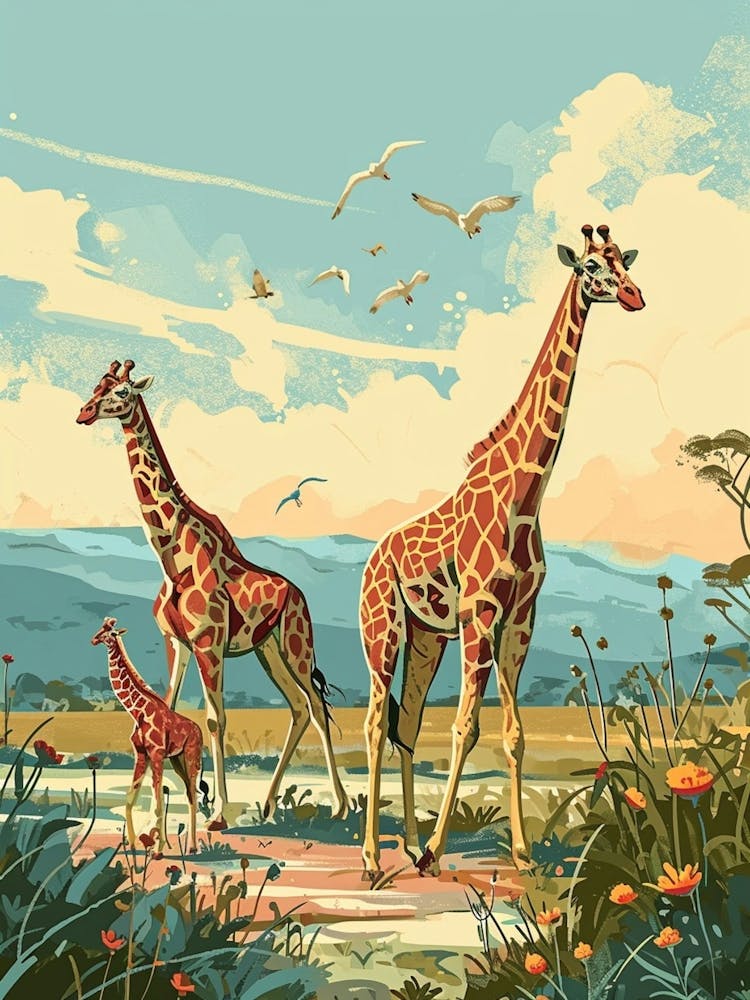 Storybook Style Illustration Of Giraffes In The Nature 4