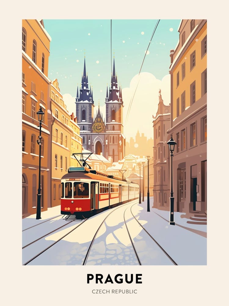 Vintage Winter Travel Poster Prague Czech Republic 3