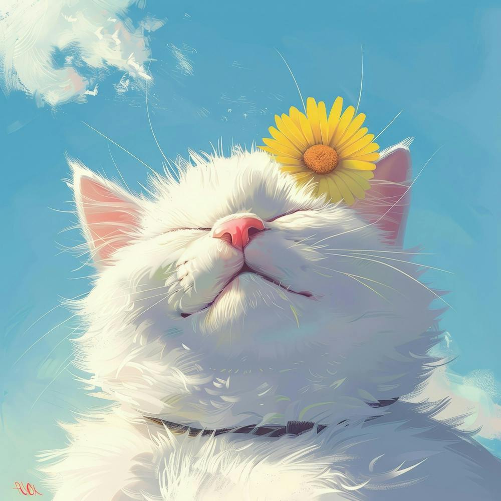 White Cat With Flower