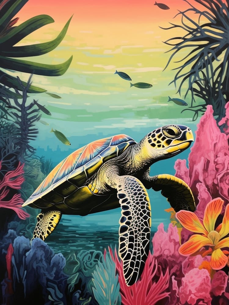 Vivid Turtle In Ocean With Coral & Plants 1