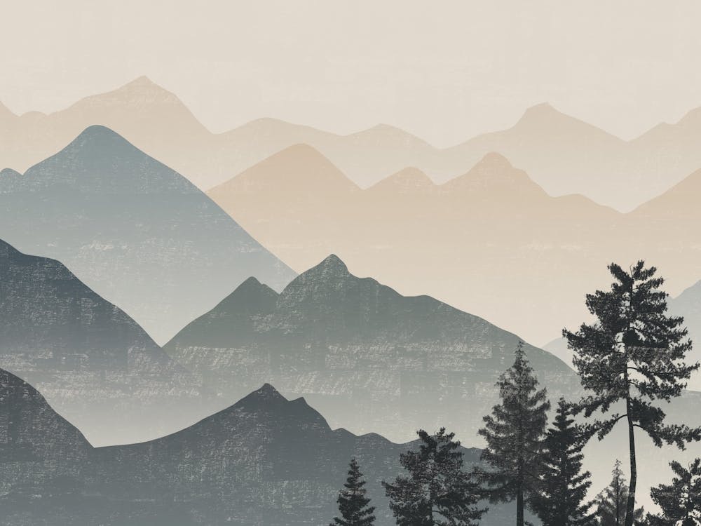 Navy Blue Green Mountain, Pine Trees Forest