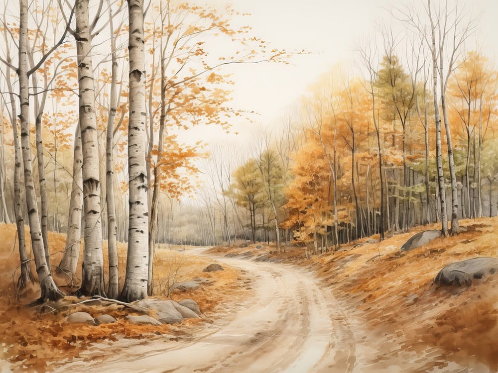 A Painting Of Country Road Through Woods In Autumn 63