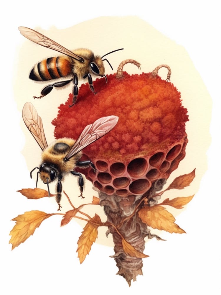 Red Mason Bee Beehive Watercolour Illustration 2