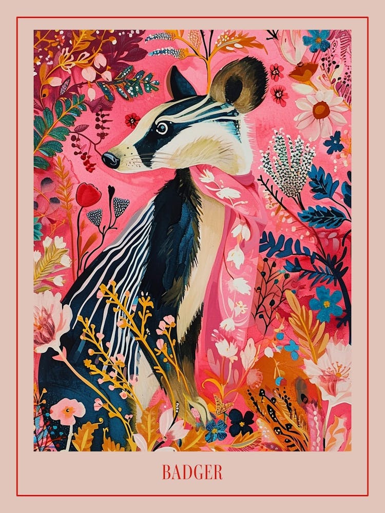 Floral Animal Painting Badger 2 Poster