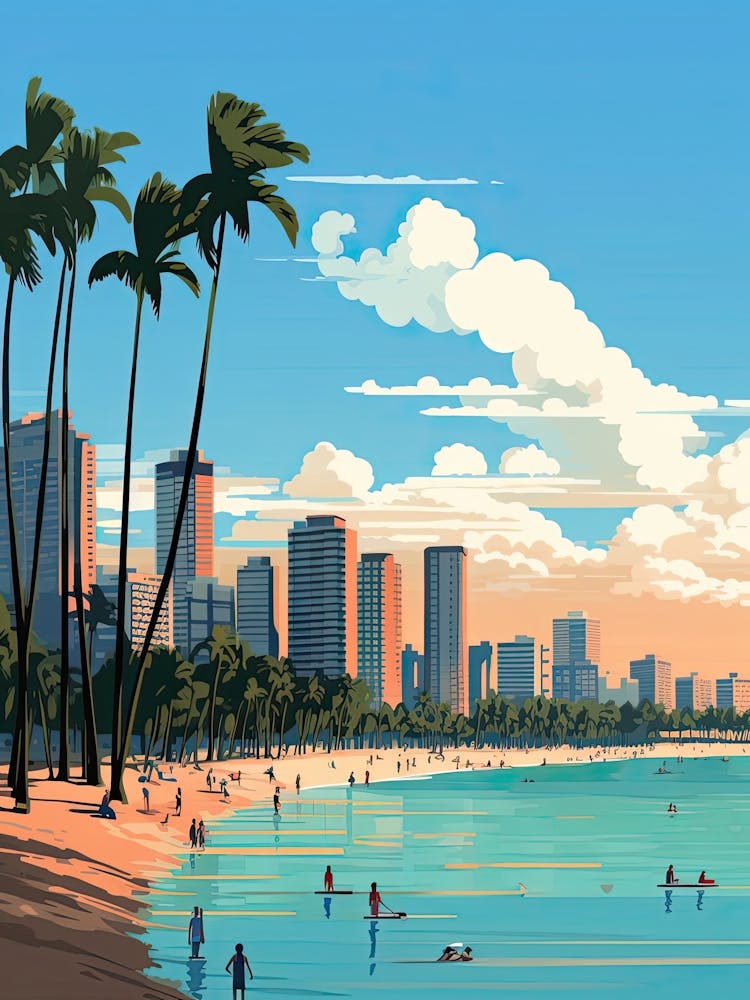Waikiki Beach Hawaii, Usa, Flat Illustration 3