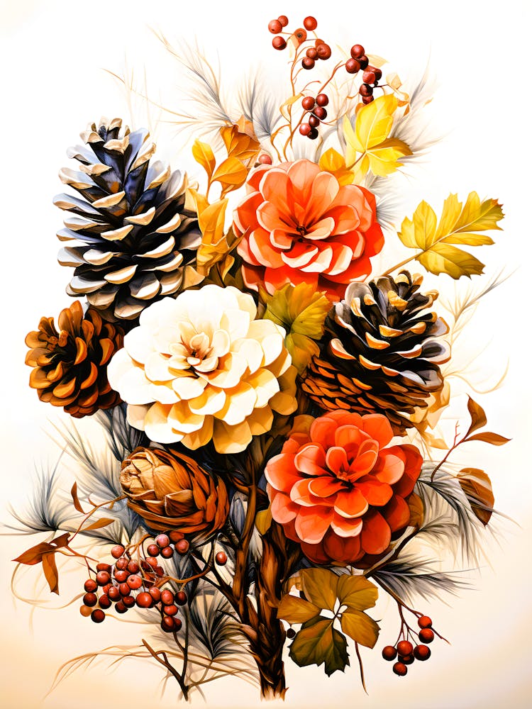 Autumn Floral Bouquet – Fall Botanical, Pinecones & Roses, Rustic Thanksgiving Wall Decor