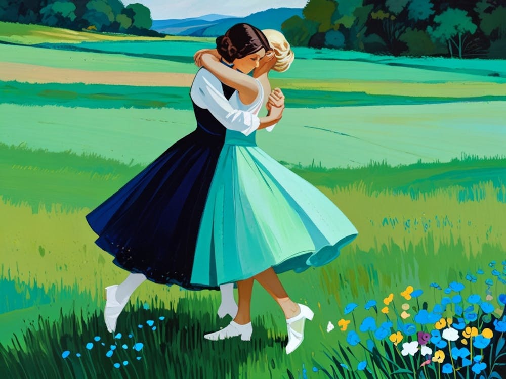 Two Women Kissing In A Field