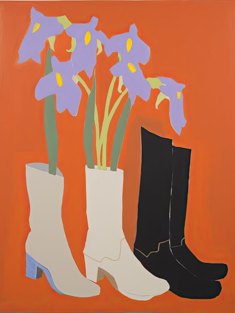 A Painting Of Cowboy Boots With Flowers, Pop Art Style 1