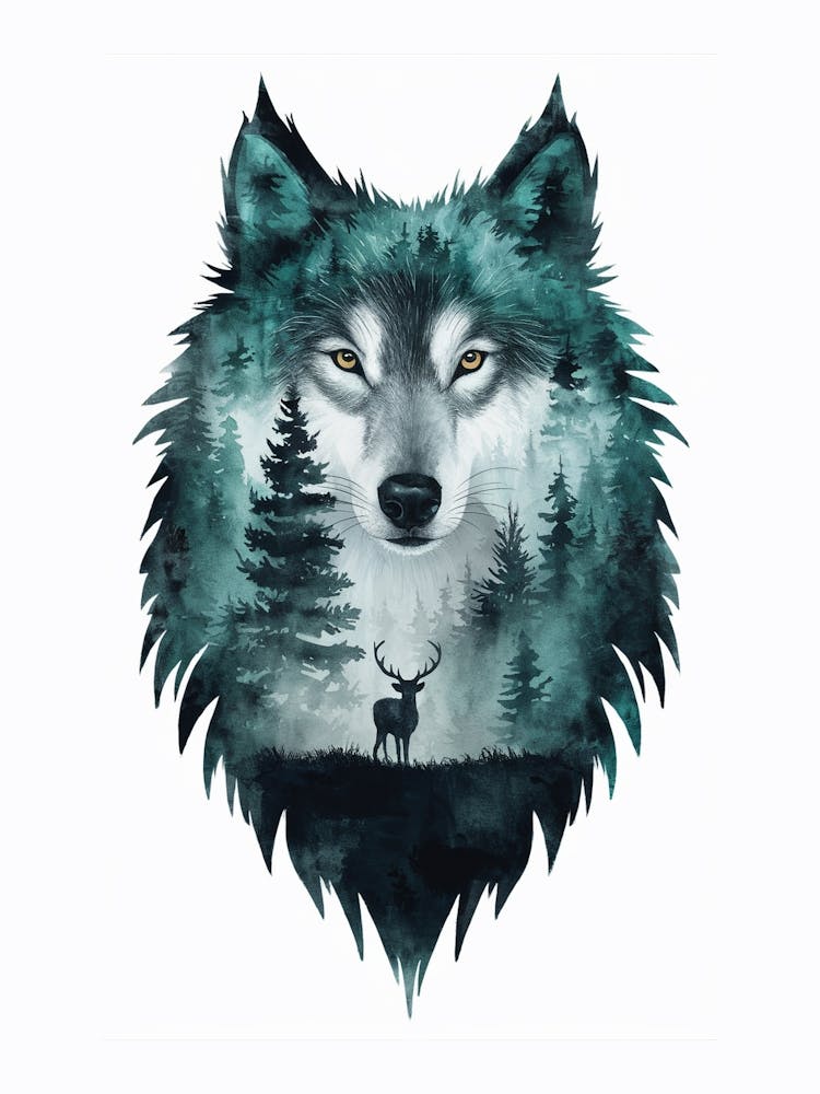 Intricate Wolf Artwork With Serene Watercolor Landscape 3