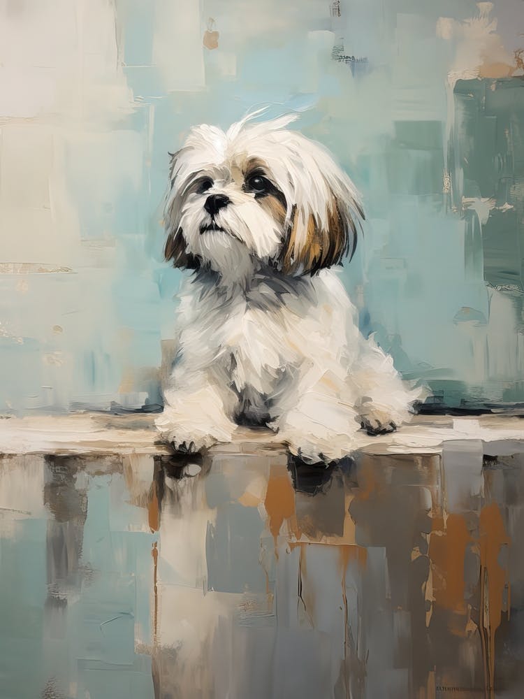 Shih Tzu Dog, Painting In Light Teal And Brown 2