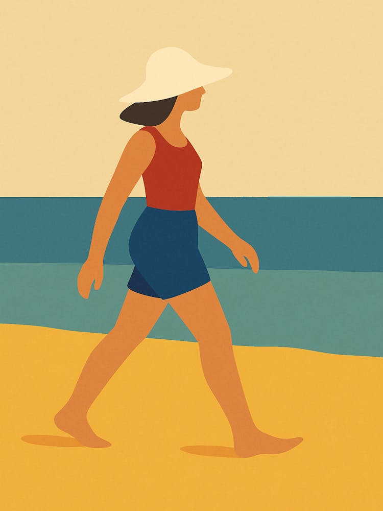 Minimalist Beach Walk – Woman Walking by the Sea in Retro Colors | Modern Coastal Wall Art