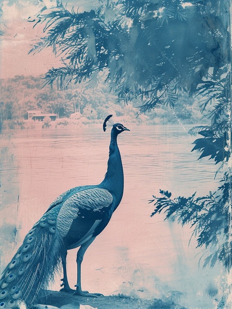 Peacock By The Water Cyanotype Inspired