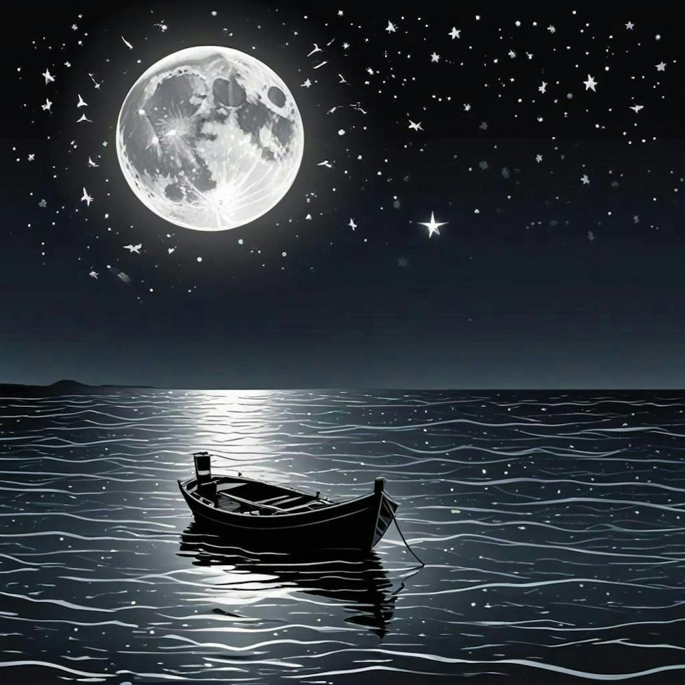 Serene Boat Scene With Moon On Beach (1)