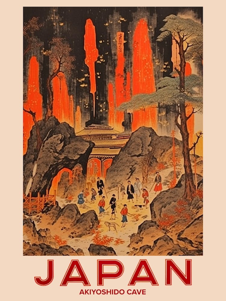 Akiyoshido Cave, Japanreise Vintage-Reisekunst 4