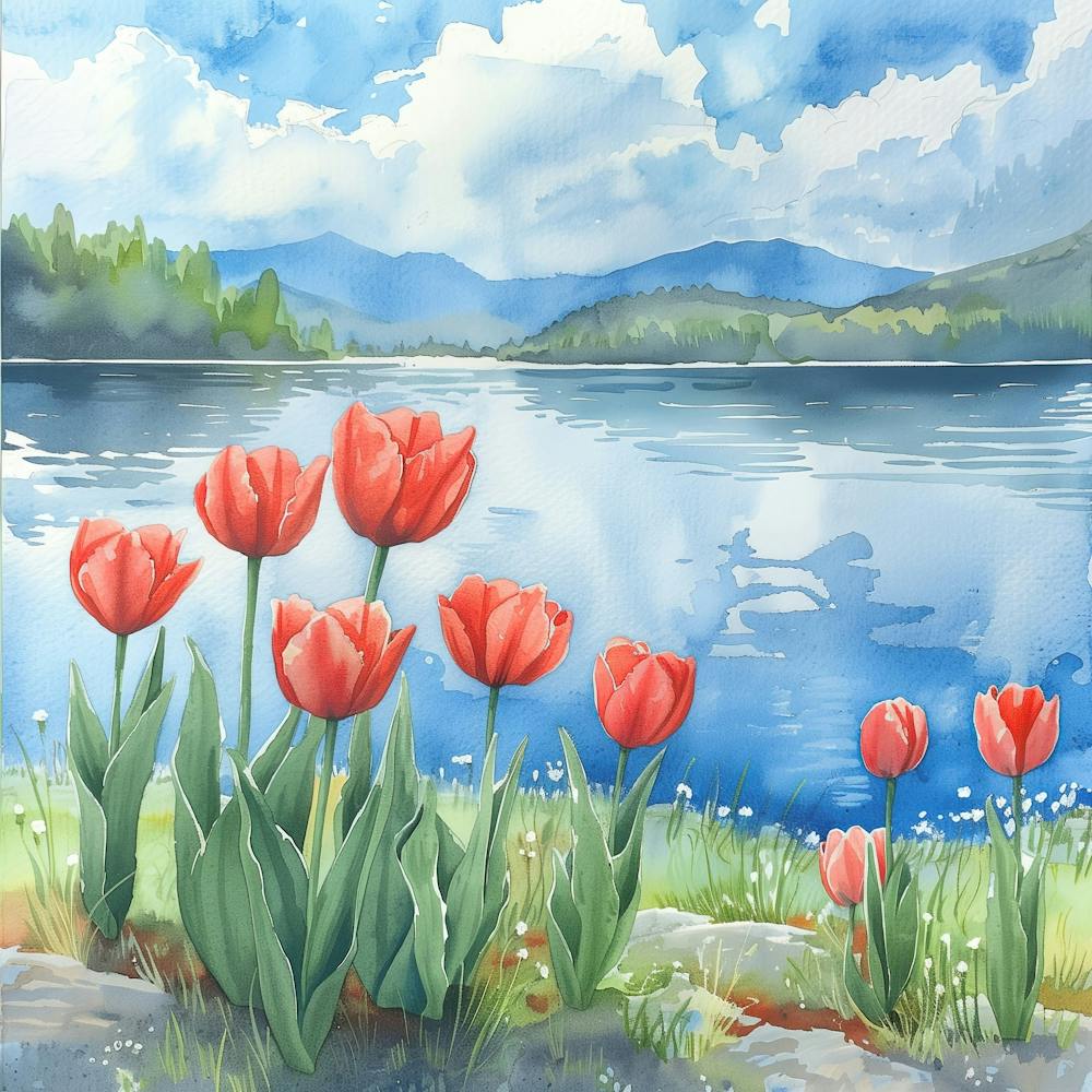 Tulips By The Lake