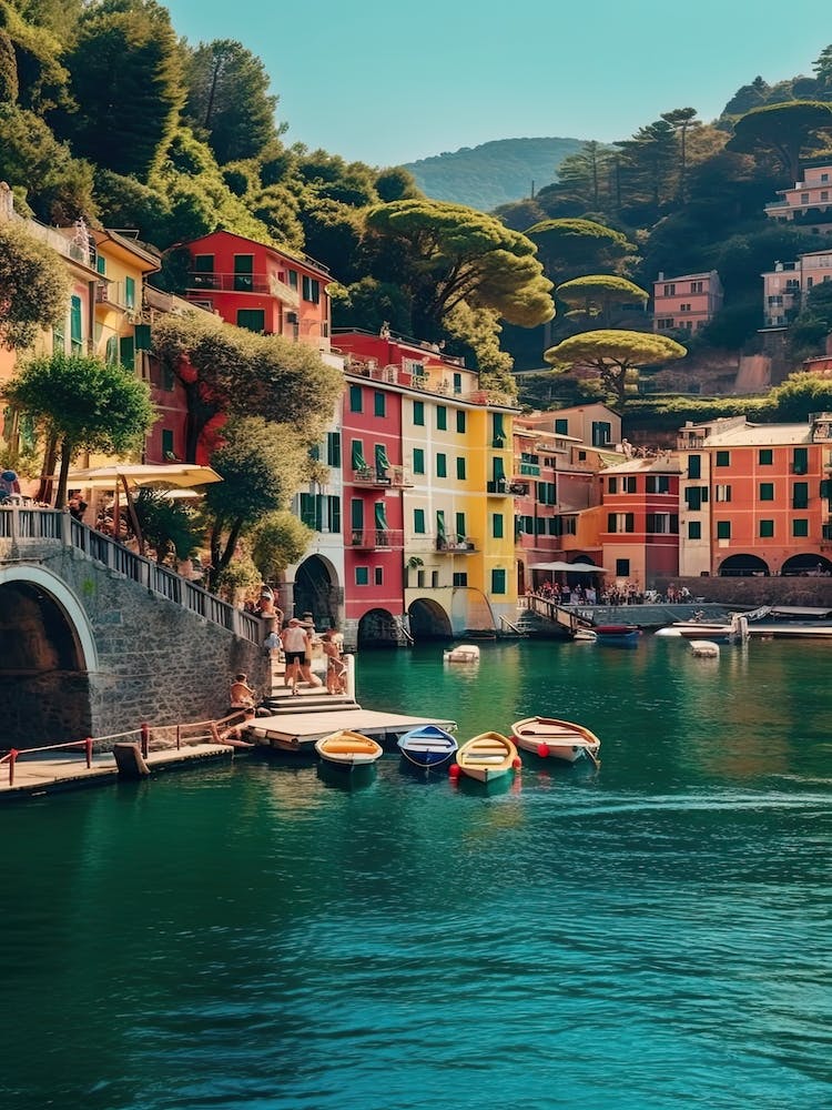 Portofino With Water And Flowers, Summer Vintage Photography