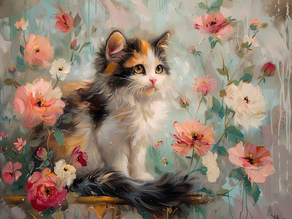 Calico Cat With Roses