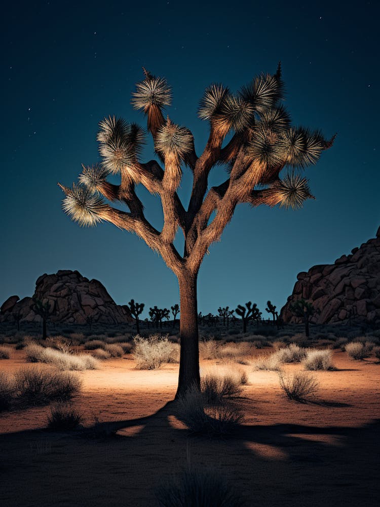 Photograph Of A Joshua Tree At Night  In A Sandy Desert 2