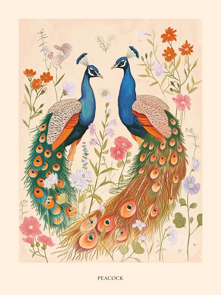 Folksy Floral Animal Drawing Peacock 5 Poster