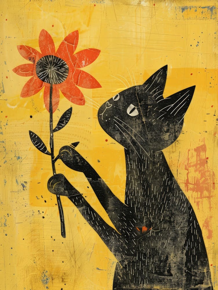 Black Cat With Sunflower