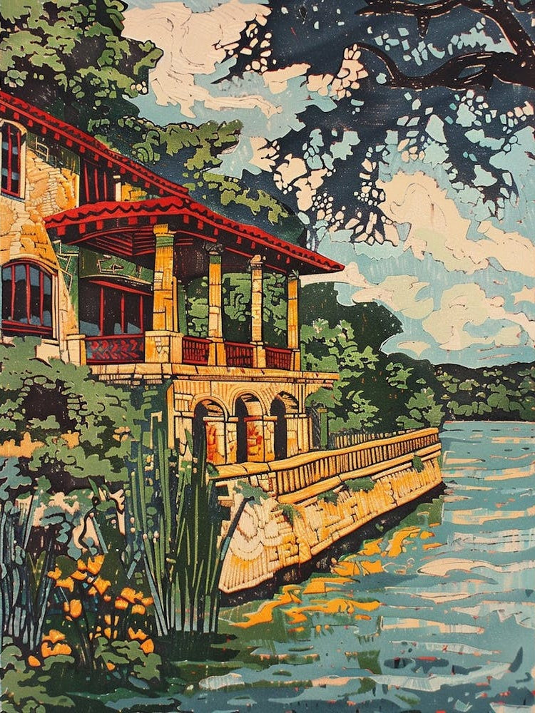 The Oasis On Lake Travis Austin Texas Colourful Blockprint 2