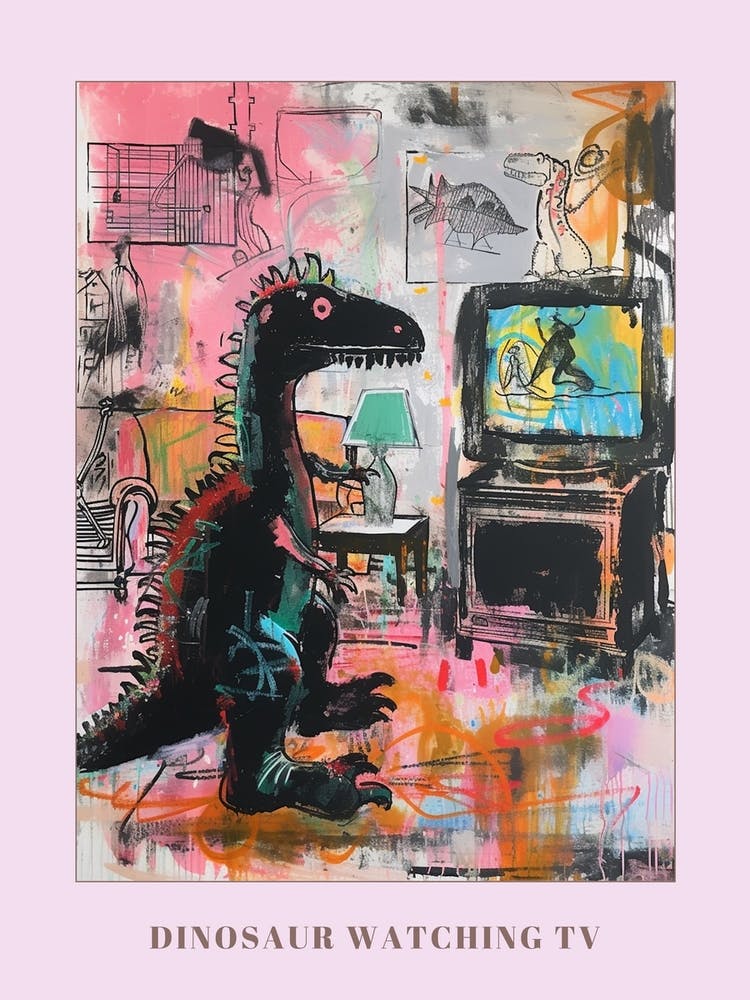 Dinosaur Watching Tv Pink Graffiti Brushstroke 1 Poster
