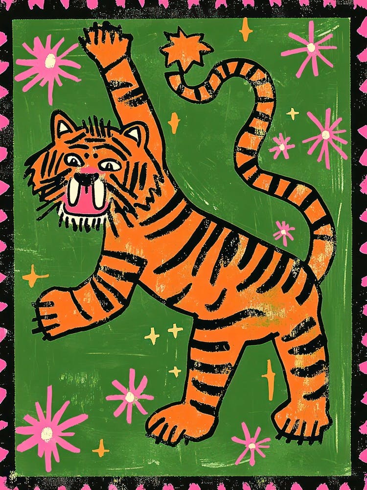 Green Tiger Illustration Tapestry Graphic Wall Art