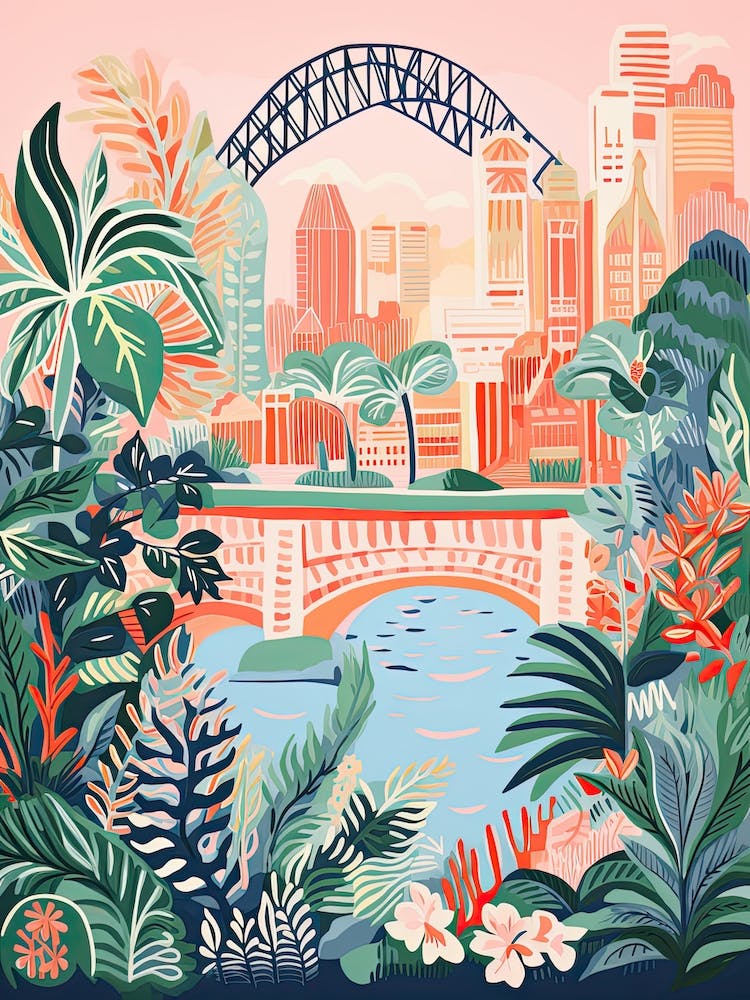 The Sydney Harbour Bridge Sydney, Australia Illustration botanique de voyage mignonne 0