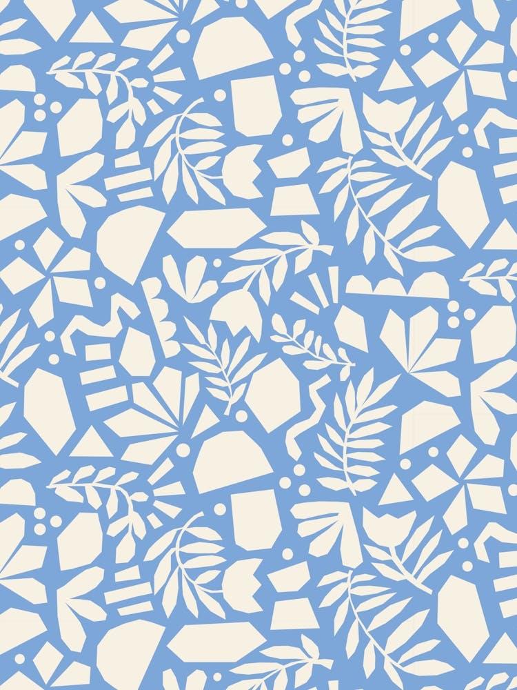 Paper Cut Out Collage Florals Abstract Flowers White on Blue