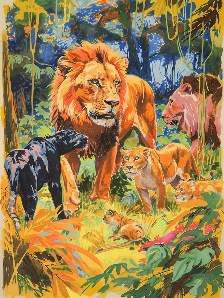 Asiatic Lion Interaction With Other Wildlife Fauvist Painting 1