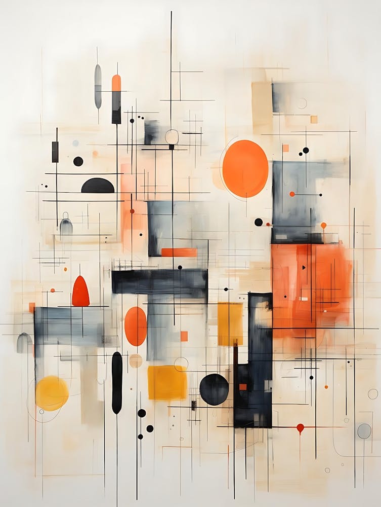 Abstract Watercolor Painting With Geometric Shapes And Lines In Orange Gray And Beige Tones