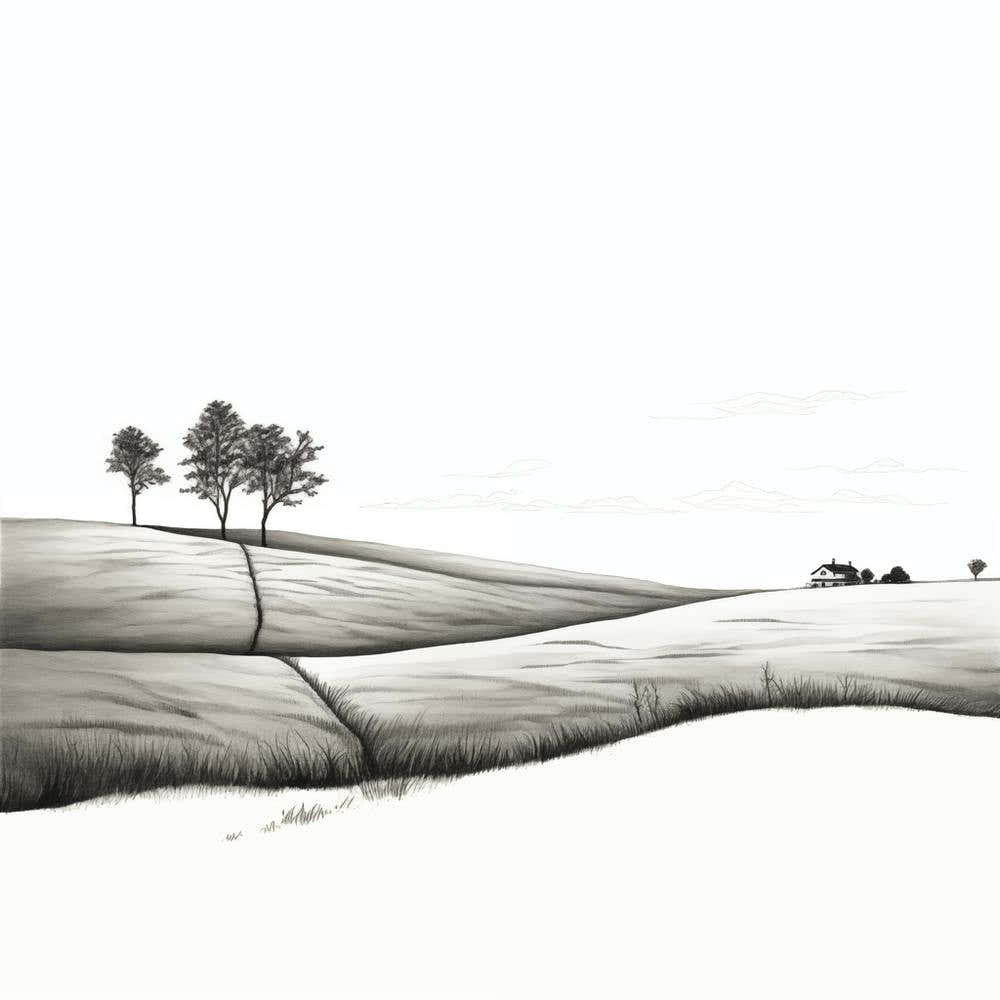 Minimalistic Fine Tip Marker Pen Drawing Of A Country Landscape