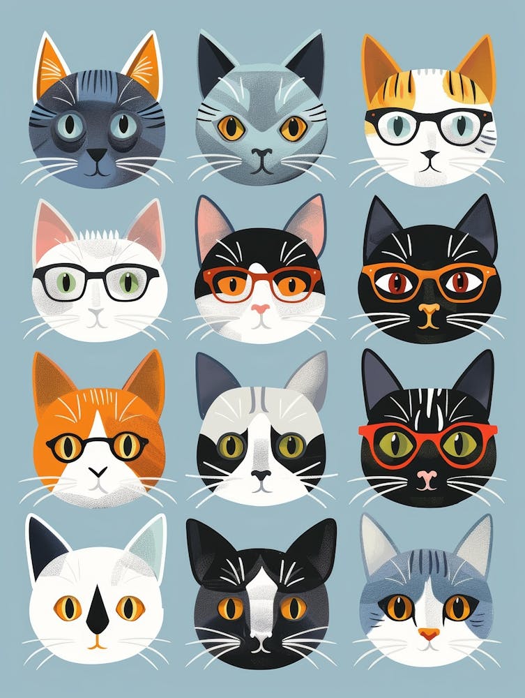 Cats In Glasses Vector Illustration
