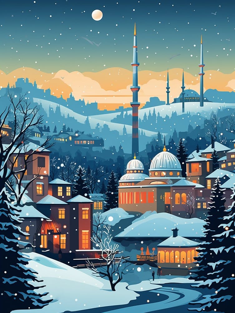 Winter Travel Night Illustration Istanbul Turkey 1